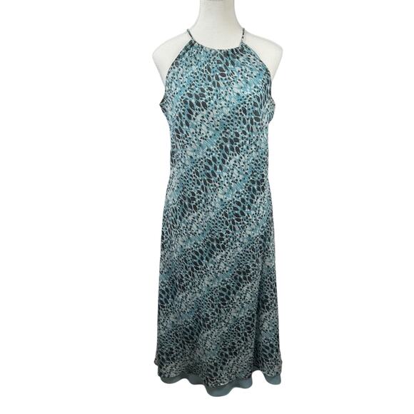 Ann Taylor Dress Women 10 Blue Black Silk Leopard Halter Spice Girl Y2K Beach - Picture 1 of 8